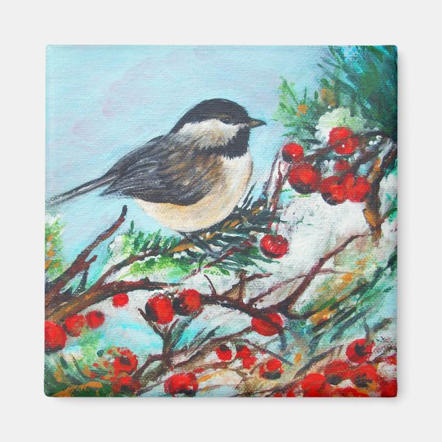 Aimant Chickadee-Sweet Winter Black Capped Oiseau de Chic (Devant)
