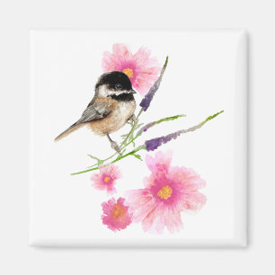 Aimant Chickadee Watercolor Bird Pink Flowers