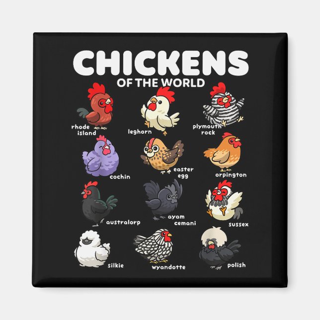 Aimant Chickens Of The World Funny Cartoon Chicken Breeds (Devant)