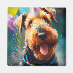 Aimant Chien Airedale avec casquette d'anniversaire et ba