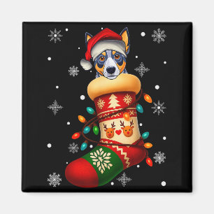Aimant Chien Blue Heeler au chapeau de Père Noël en chaus