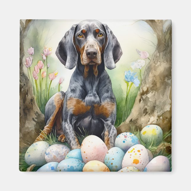 Aimant Chien Bluetick Coonhound avec fête des œufs de Pâq (Devant)