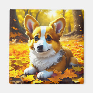 Aimant Chien Chien Chien de Corgi jouant dans les feuille