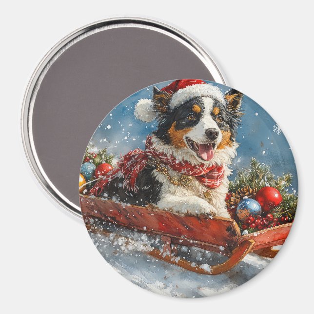 Aimant Chien de berger australien en Noël à Sledge (Recto/Verso)