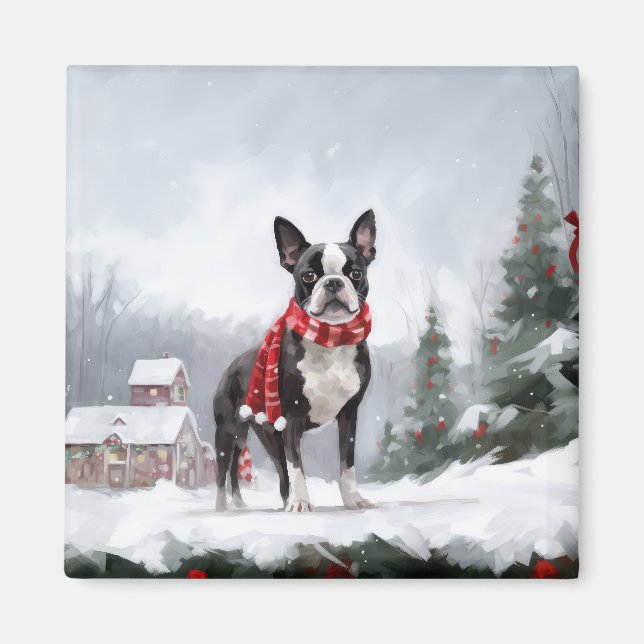 Aimant Chien de Boston Terrier pendant Noël de neige (Devant)