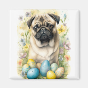Aimant Chien de carlin avec oeufs de Pâques Fêtes