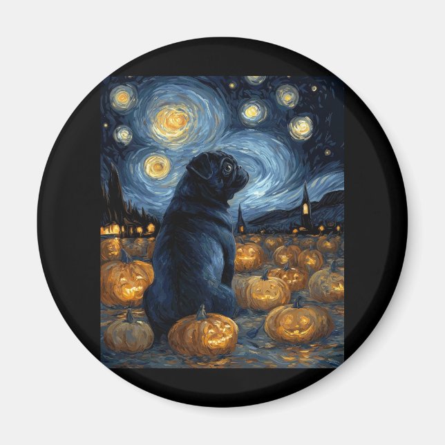 Aimant Chien de Carlin noir van gogh nuit étoilée hallowe (Devant)