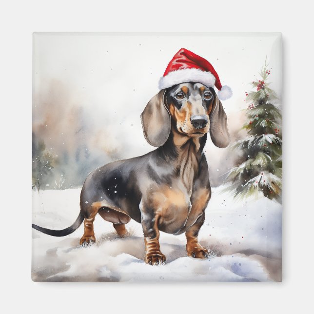 Aimant Chien de Dachshund à Noël de neige (Devant)