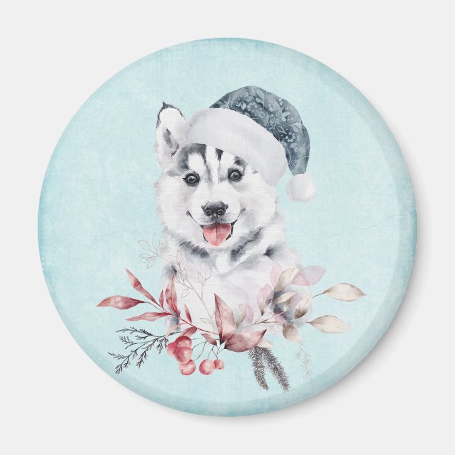 Aimant Chien de Noël Husky dans un chapeau de Père Noël (Devant)