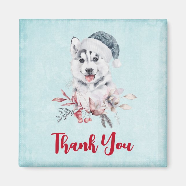 Aimant Chien de Noël Husky dans un Merci de Santa Hat (Devant)