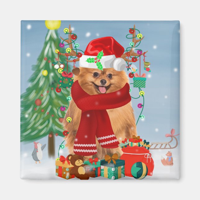 Aimant Chien de Poméranie avec cadeaux de Noël (Devant)