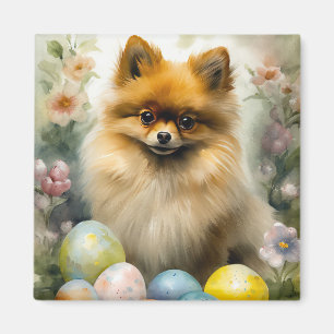 Aimant Chien de Poméranie avec oeufs de Pâques vacances