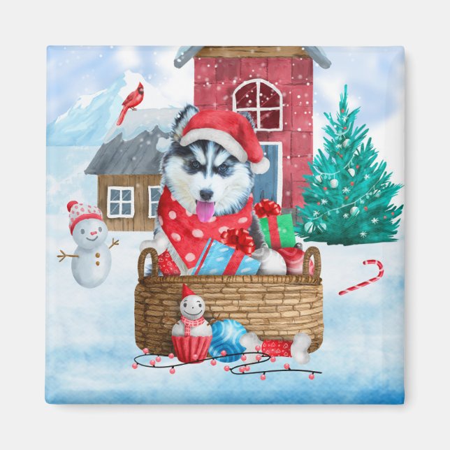 Aimant Chien de Sibérie Husky dans la neige Maison de Chi (Devant)