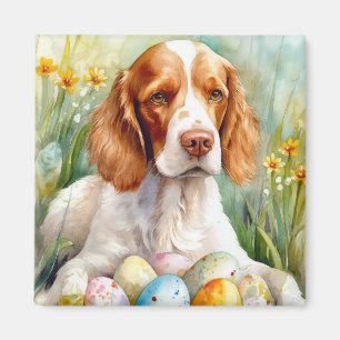 Aimant Chien Épagneul Breton avec œufs de Pâques