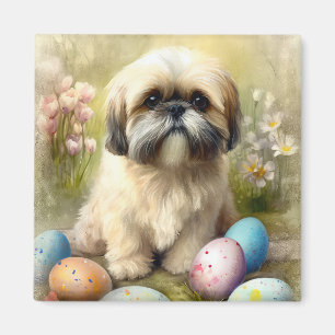Aimant Chien Lhassa Apso avec oeufs de Pâques vacances