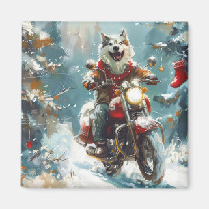 Aimant Chien Malamute d'Alaska à moto Noël