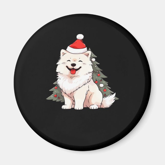 Aimant Chien mignon portant chapeau de Père Noël et arbre (Devant)