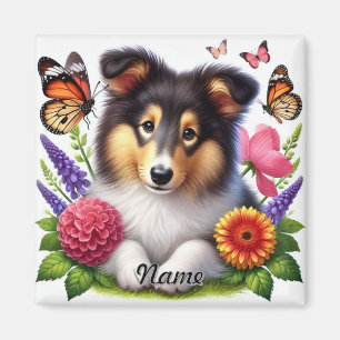 Aimant Chien-mouton Shetland avec fleurs et papillons