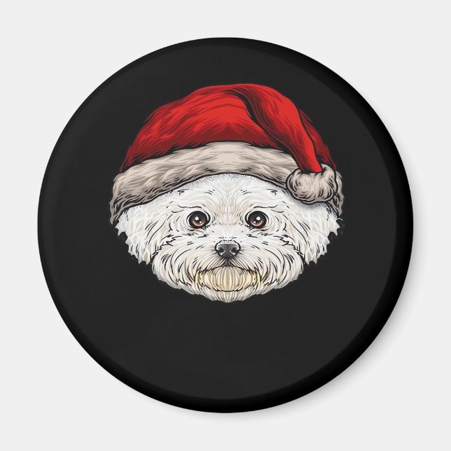 Aimant Chien Noël Bichon Santa Chapeau Sur Un Bichon Fris (Devant)