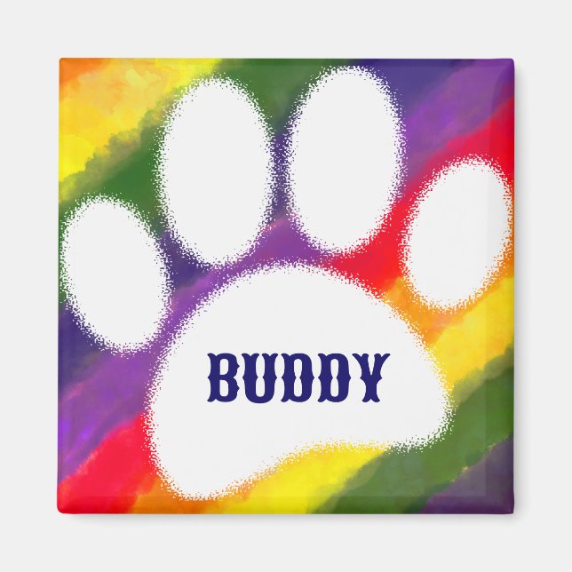 Aimant Chien Pawprint Rainbow Watercolor Nom personnalisé (Devant)