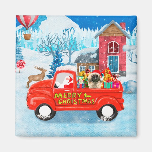 Aimant Chien Pekingese Livraison de Noël Camion Neige (Devant)