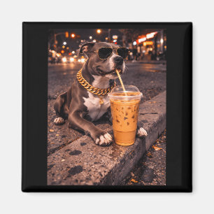 Aimant Chien Pitbull Drôle Boire Café Glacé Animal