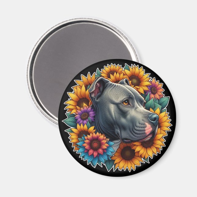 Aimant Chien Pitbull entouré de tournesols vibrants (Recto/Verso)