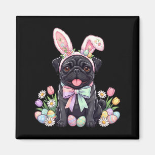 Aimant Chien pug noir lapin de Pâques oeufs mignon floral