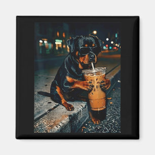 Aimant Chien rottweiler buvant du café glacé animal drôle