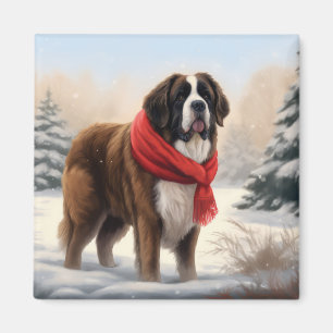 Aimant Chien Saint-Bernard dans la neige de Noël