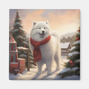 Aimant Chien Samoyé à Noël de neige