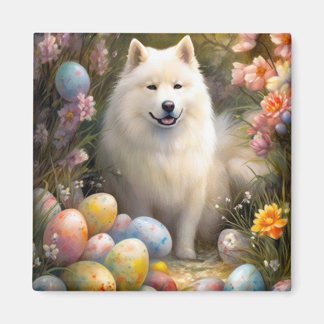 Aimant Chien Samoyé avec oeufs de Pâques vacances (Devant)