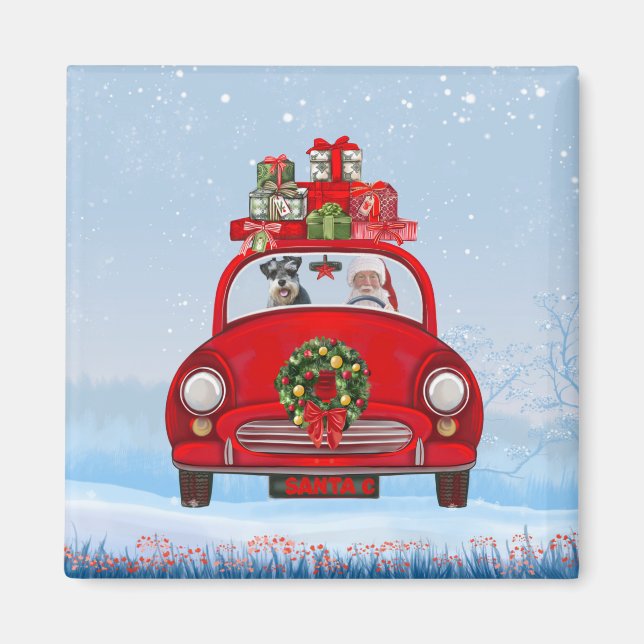 Aimant Chien schnauzer en voiture avec le Père Noël (Devant)
