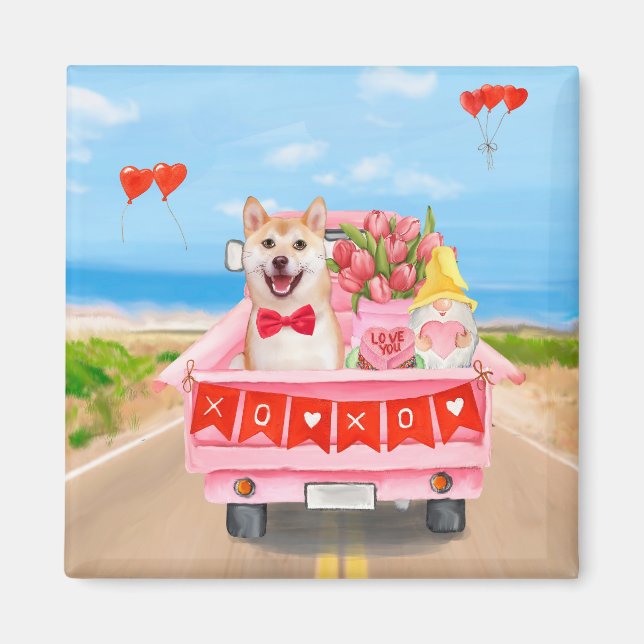 Aimant Chien Shiba Inu Saint Valentin Coeurs de Camion (Devant)
