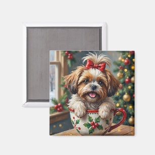 Aimant Chien Shih Tzu adorable dans une tasse de Noël - A