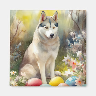Aimant Chien sibérien Husky avec oeufs de Pâques vacances