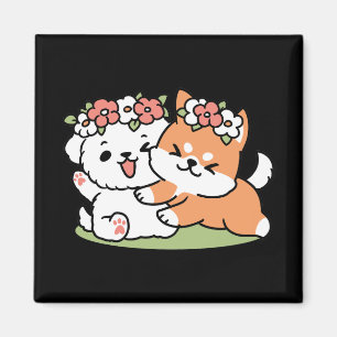 Aimant Chiens de jeu avec Flower Crowns - Fun Spring Them