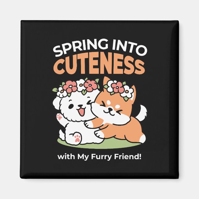 Aimant Chiens de jeu avec Flower Crowns - Fun Spring Them (Devant)
