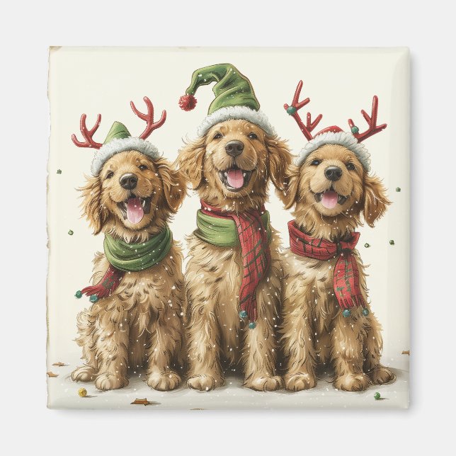 Aimant Chiens Retriever dorés de Noël (Devant)