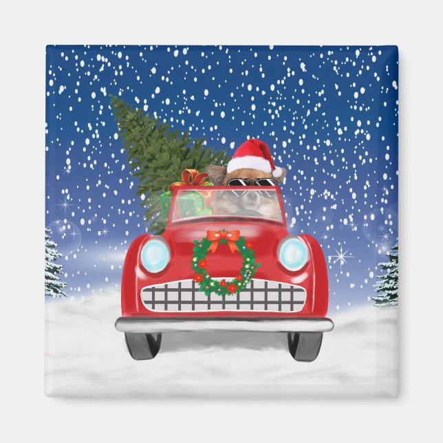 Aimant Chihuahua Chien Conduite Voiture En Noël De Neige (Devant)