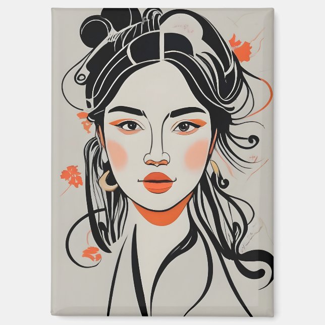 Aimant Chinoise dessinée avec stylo à encre noire, geisha (Recto)