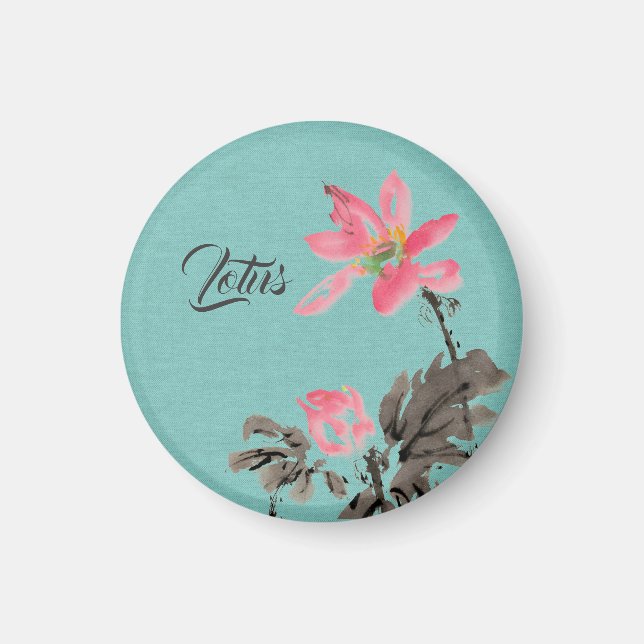 Aimant Chinoiserie Aquarelle peinture Floral Lotus Green (Devant)