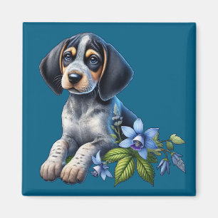 Aimant Chiot bleu Tick Hound avec Fleurs Bleues Delicate