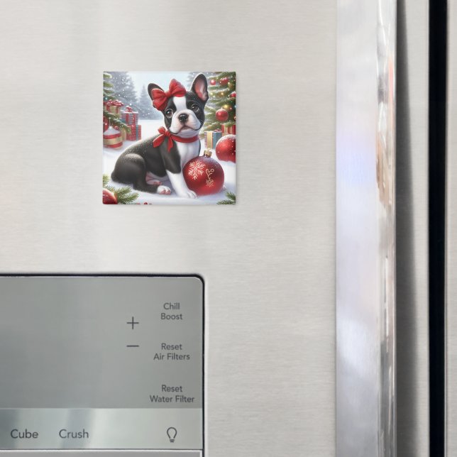 Aimant Chiot de Boston Terrier avec ornements de Noël (In situ (réfrigérateur))