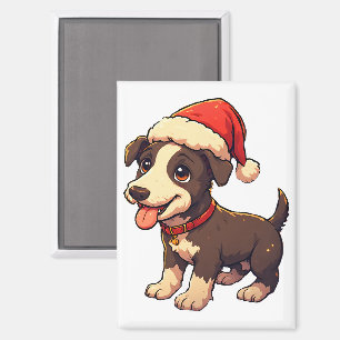 Aimant Chiot de Noël mignon et joyeux avec un chapeau de