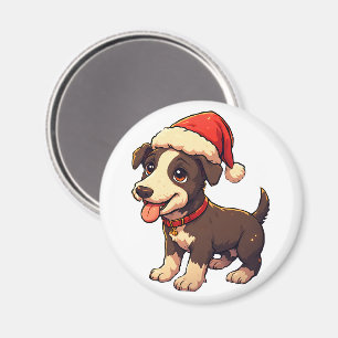 Aimant Chiot de Noël mignon et joyeux avec un chapeau de