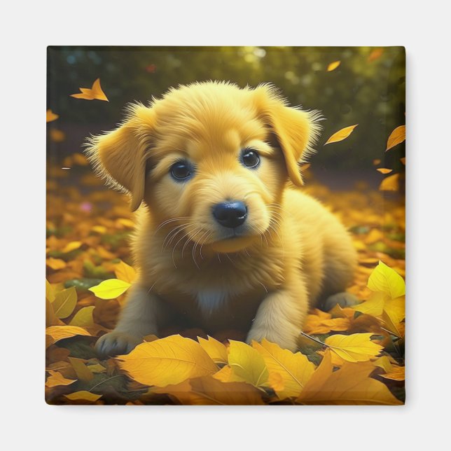Aimant Chiot jaune du Labrador jouant dans les feuilles d (Devant)