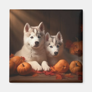 Aimant Chiots Husky Sibérien Délice d'Automne Citrouille