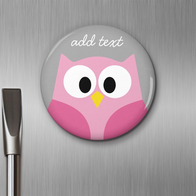 Aimant Chouette de dessin mignonne - Nom personnalisé ros (Personalized Fridge Magnet - Add Custom Text)