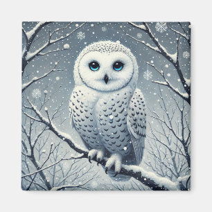 Aimant Chouette des neiges perchée sur une branche de nei